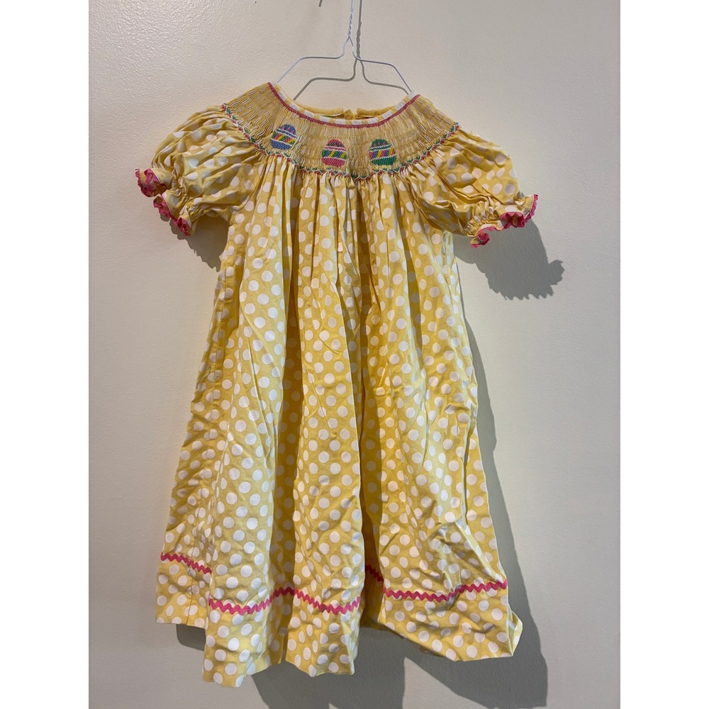 Classic Whimsy Girls Yellow Polka Dot Hand Smocked Easter Egg Bishop Dress 3